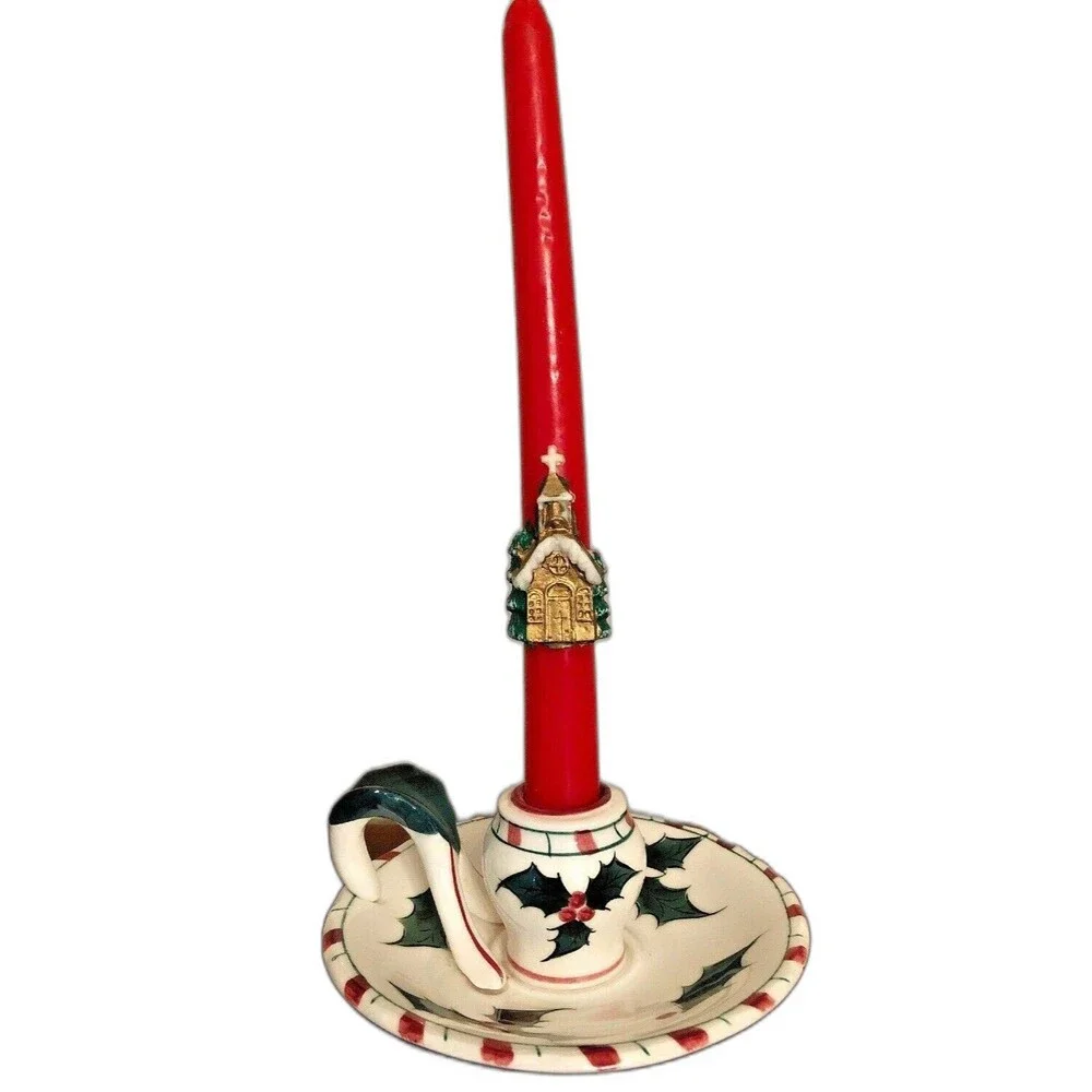 Lefton Christmas Candle Holder Vintage Hand Painted Holly Berry Finger Loop
